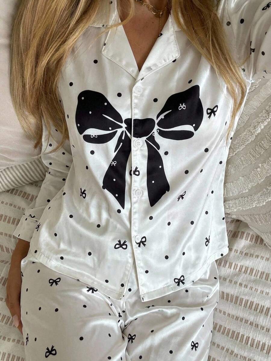 Cute Bow Combination Print Teen GirlWomen's Long Sleeve Cardigan And Pants Casual 2-Piece Loungewear Set, Lace Trim Design Adds Elegance And Charm - Apricot - View 1