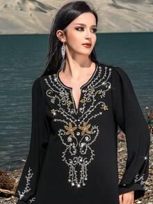 Layrah 5217 黑色高亚麻女士时尚优雅珍珠装饰钥匙孔领长袍 - 黑色 - 查看 4