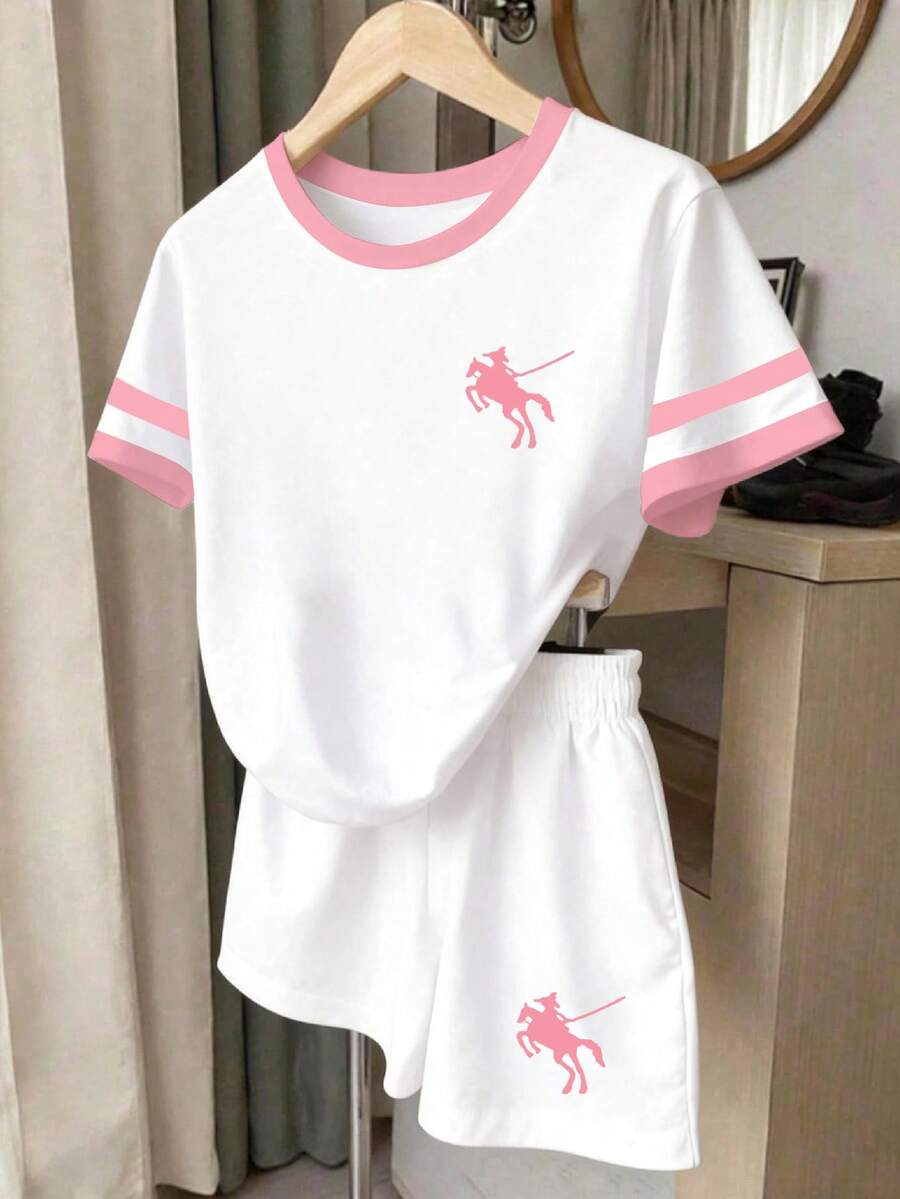 两件套女童休闲复古美式校园经典Logo印花圆领短袖T恤和短裤，舒适的夏秋款式，适合女孩日常穿着，印花短袖短裤两件套，简约白色日常穿搭 - 黑與白 - 查看 1