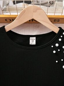 SHEIN Blusa casual de unicolor con cuello redondo y manga corta con cuentas para niñas preadolescentes - Negro - Ver 3
