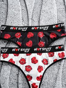 HOT STUFF X SHEIN Quần lót nữ thoải mái, mềm mại, thoáng khí, in hình quỷ hoạt hình. - Đen và trắng - Xem 4