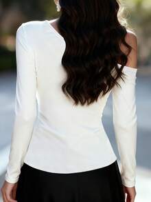 Balvessa 1pc Women's Rhinestone Embellished Slim Fit Elegant Long Sleeve Asymmetrical Shoulder T-Shirt, White - White - View 2