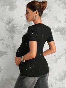 MaterniChic 孕妇时尚休闲亮片圆领短袖T恤 - 黑色 - 查看 2