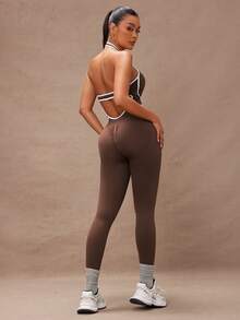 Lumalex Contrast Trim Backless Halter Jumpsuit - Coffee Brown - View 7