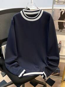 Manfinity Joysei 男士休闲针织保暖套头毛衣，适合秋冬季节，长袖上衣 - 藏蓝色 - 查看 1