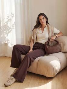 Anewsta Brown High Waist Elastic Waistband Loose Yoga Pants, Relaxed Fit Women's Workout Trousers - Coffee Brown - View 4