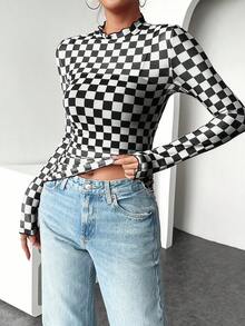 INAWLY Women's Casual Checkerboard Long Sleeve Fitted Top Fall Cloth For Women - Black and White - View 4