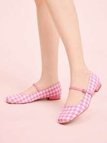 CUCCOO DOLLMOD Women's Flat Square Toe Plaid Mary Jane Shoes, Campus Style, Cute Low Heel, Red Spring Shoes Spring Break Easter Valentine's Day - Mauve Purple - View 5