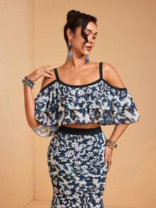 JIAN LASALA Multi Floral Print Mesh Off-Shoulder Layered Ruffled Flared Women Top Spring Summer Casual - Multicolor - View 5