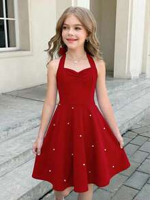 SHEIN Tween Girls Elegant Halter Neck Bow Knit Beaded Red Dress, Casual & Chic Summer Dress - Red - View 6