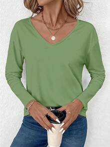 SHEIN LUNE Casual Solid Color V-Neck Long Sleeve T-Shirt For Women, Versatile & Suitable For Spring/Autumn Carnival