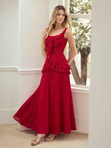 MOTF PREMIUM GAUN TANPA LENGAN UNTUK KENCAN ROMANTIS DENGAN HEM BERGELOMBANG UNTUK WANITA - Merah - View 1