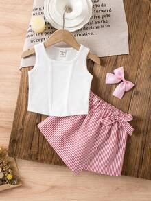 SHEIN Babygirl Cute Vacation Casual White Tank Top And Striped Shorts Set - Pink - View 1