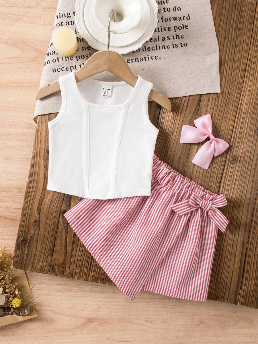 SHEIN Babygirl Cute Vacation Casual White Tank Top And Striped Shorts Set - Pink - View 1