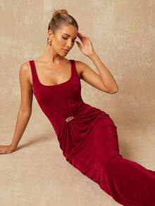 Lumalex Vestido ajustado con cintura fruncida y brillo metálico suave para decoración de primavera temprana, para mujeres, atuendos de vacaciones, cumpleaños, invitada de boda, fiesta de boda, verano, vacaciones en la playa, aspecto de lujo, fiesta de graduación, fiesta, banquete, modesto, fiesta de Al-Adha, festival con capas ricas - Rojo - Ver 2