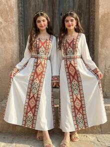 SHEIN Teen Girl Geometric Print Casual Party & Outing Flare Sleeve Dress - Apricot - View 10