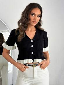 SHEIN Ruffle Trim Ribbed Knit Short Sleeve Button Front Top Women Slim Fitted V Neck Elegant Contrast Frill Summer Chic Tee - Black and White - View 3