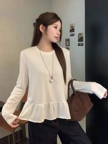 DAZY 女士圆领纯色韩版荷叶边休闲长袖T恤，秋季女装 - 白色 - 查看 2