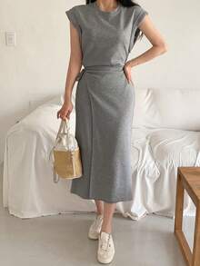 DAZY Women's Solid Color Round Neck Cap Sleeve Side Knot Casual Mid-Length Dress Sundress - Grey - View 2