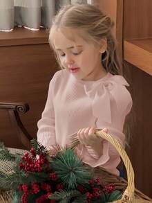 Dazy Kids 女童圆领蝴蝶结针织毛衣，可爱甜美韩版风格，长袖 - 粉色 - 查看 4