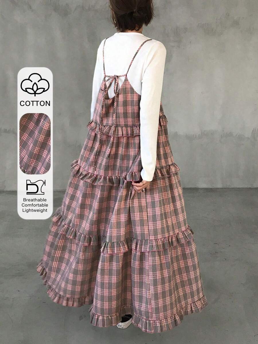 FRIFUL Đầm xếp tầng họa tiết kẻ caro cho nữ, kiểu dáng bèo nhún, thích hợp cho đám cưới hoặc mùa hè. - Hồng - Xem 1