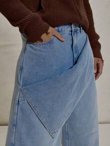 Musero Baggy Ballon Fit Denim Trouser Wrap Around Washed Jeans Button Fastening Belt Loop Pants Essentials Spring&Summer - Light Wash - View 5