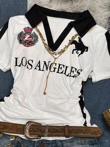 Glimmora 2000 年代复古女式休闲印花 Polo 领短袖上衣，时尚休闲，符合潮流，适合日常穿着、派对和音乐节。 - 彩色 - 查看 4