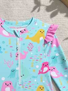 Baby Girls Beachwear, Blue Ocean Dolphin & Seaweed Knit Long Sleeve One-Piece Swimsuit With Hat, Fashionable Elegant Swimwear Suitable For Swimming, Summer Vacation, Beach, Pool, Holiday Party Baby Girl Long Sleeve Swimsuit Baby Girl Ocean Print Baby Ocean Clothes Baby Girl Swimwear Toddler Girl Swimsuit - Multicolor - View 5