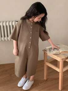 Dazy Kids Bộ áo liền quần tay ngắn màu trơn dáng casual cho bé gái - Cà phê nâu - Xem 5