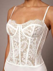 Silquee Women's Floral Lace Patchwork Sexy Sling Bodysuit - White - View 5