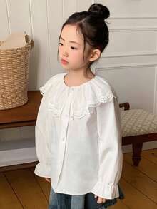 DAZY 女童（小号）蕾丝圆领长袖衬衫，春秋季 - 白色 - 查看 1