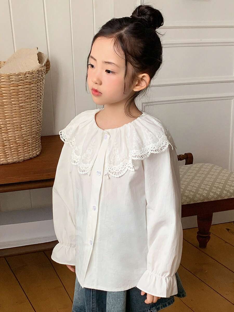 DAZY 女童（小号）蕾丝圆领长袖衬衫，春秋季 - 白色 - 查看 1