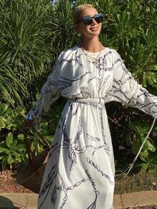 DAZY Vestido maxi casual de vacaciones con estampado de plantas, vestido bohemio de playa - Beis - Ver 6