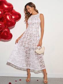 Amorya Robe blanche en dentelle à ligne A pour femmes, sans manches, tenue de printemps/été pour femmes, robe de fête de la Saint-Valentin, de mariage, de fiançailles, de lune de miel, de baby shower, de demande en mariage, robe blanche en dentelle, tenues de printemps-été, cache le ventre, robe de la Saint-Valentin, tenues de festival pour femmes, robe de Pâques, tenue d'anniversaire pour femmes - Blanc - Voir 2