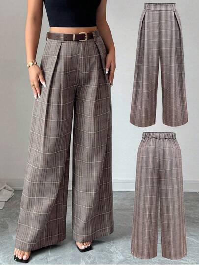 Elenzga Plus Size Women's Pleated Plaid Wide Leg Loose Casual Pants