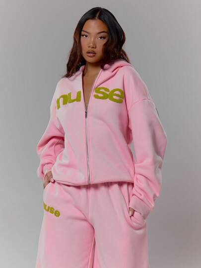 MUSERA Oversized Fuzzy Embroidered Zip Through Hoodie Tracksuit Top Only Streetwear Coolgirl Winter Sexy Casual Odd Drift