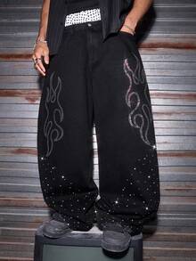 AXEPEAK Men's Washed Black Pants With Rhinestone Embellishment - Black - View 3