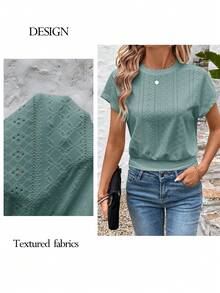 SHEIN LUNE Spring White Jacquard Fabric Romantic Date Vacation Women Short T-Shirt Solid Color Tops Summer Casual Tops Sage Green Top Short Sleeve Tops Knit Tops - Green - View 2