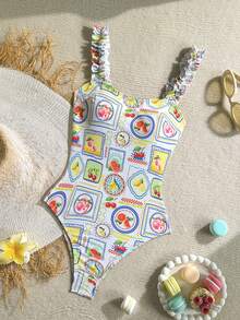 Soleia Summer Vacation Outfits Women Elegant Women's Beach Swimsuit Women's Cherry Print Frill Trim One-Piece Swimsuit, Vacation Style - Multicolor - View 1