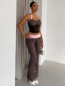 SHEIN Glamour 2 Piece Sets Brown And Pink Color Wave Point Sexy Backless Sleeveless Top Pants Set,Streetwear,Autumn And Winter Set,Concert Set,Club Set,Date Night Set,Elevated Elegance Set,Prom Set,Rave Set,Women Birthday Set,Party Must Have,Christmas Set,Valentine Set,New Year Set - Multicolor - View 5