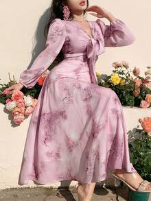 DAZY Women's Elegant Floral Print Tie Collar Puff Sleeve Mid-Length Dress, Spring/Summer Wedding Guest Dress Sundress - Pink - View 9