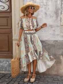 Brillora Women's Chiffon Printed Shirt & Skirt 2 Pieces Set, Vacation Style, Spring/Summer - Multicolor - View 7