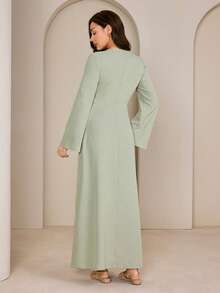 Graceveil 女士纯色褶皱优雅收腰长喇叭袖派对连衣裙 - 綠色 - 查看 2