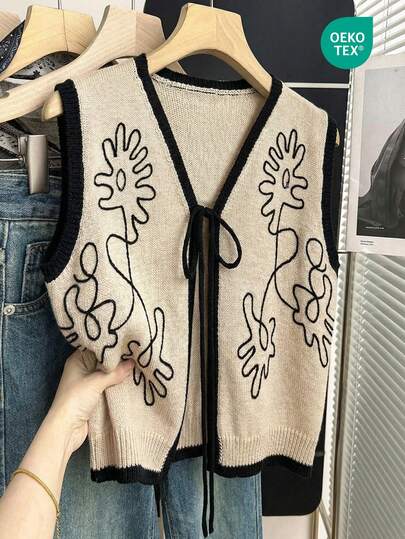 Franclia Women's Vintage Style V-Neck Embroidered Sleeveless Knit Tank Top, Versatile For Summer