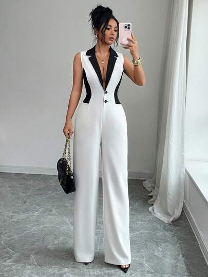Selianne Women's Casual Sleeveless Contrast Color Patchwork Deep V-Neck Open Front Button Vest & Wide Leg Jumpsuit