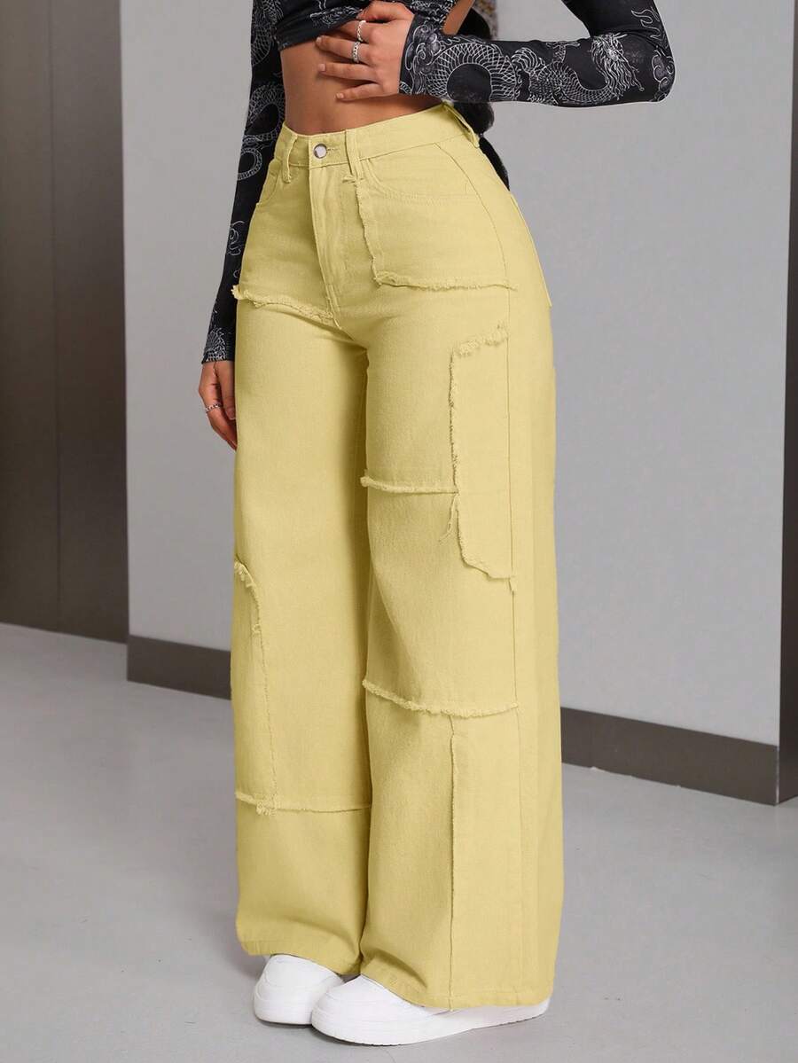 SHEIN Tall Quần jeans nữ ống rộng cạp cao, gấu quần rách, dáng rộng thoải mái, phong cách thường ngày. - Màu vàng - Xem 1