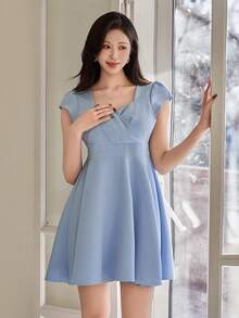 DAZY Women's Elegant Solid Color Pleated Puff Sleeve Mini Dress, Summer Wedding Guest Dress Sundress Cocktail Dress - Blue - View 1