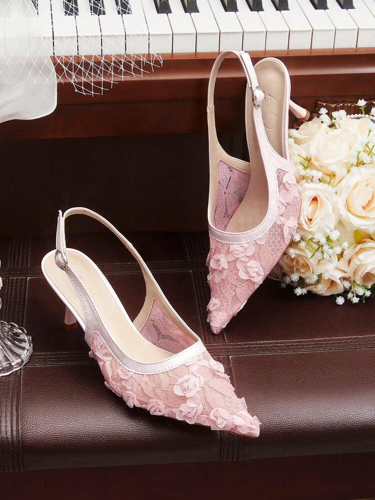 CUCCOO HITCHD Women's Pointed Toe 3D Floral Decor Buckle Design Fashionable High Heels For Daily Wear Valentine's Day Elegant Shoes