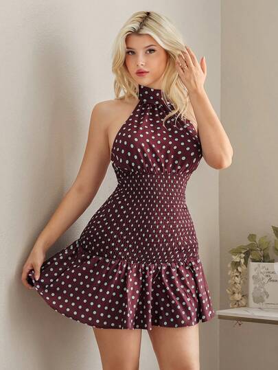 Elegante vestido mini con escote halter y estampado de lunares, para el Día de San Valentín