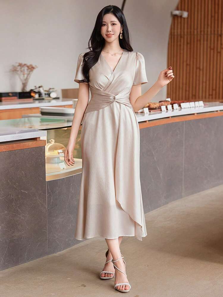 Women's Elegant Solid Color V-Neck Puff Sleeve Criss-Cross Tie Midi Dress, Summer Wedding Guest Dress Sundress Cocktail Dress